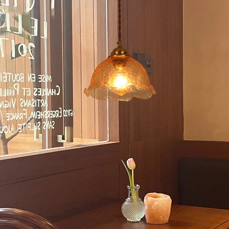 Afralia™ Cracked Glass Copper Wooden Pendant Light for Home Indoor Living Room