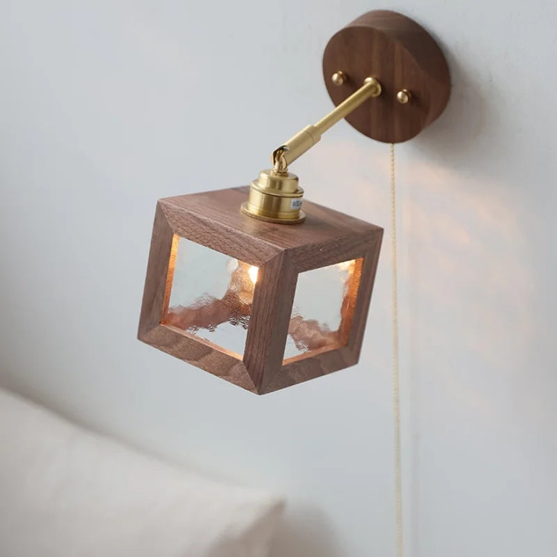 Afralia™ Clear Glass LED Wall Light Fixture Walnut Wood Pull Chain Switch Nordic Modern Wall Lamp