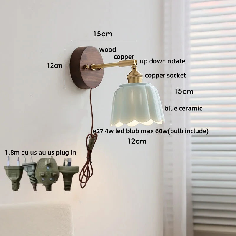 Afralia™ White Flower Ceramic LED Wall Sconce with Wood Base and Copper Rotate