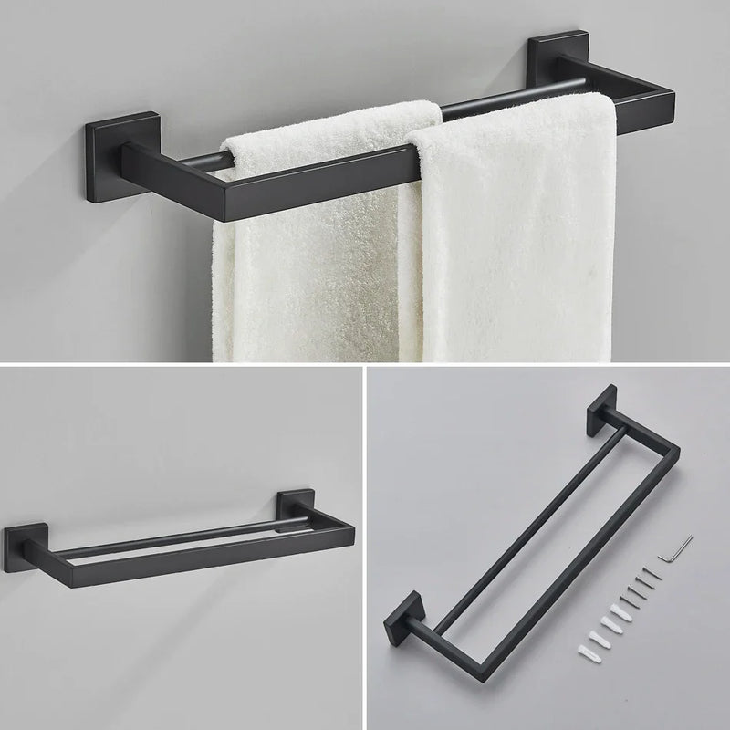 Afralia™ Black Bathroom Accessories Set: Robe Hook, Towel Rail, Shelf, Tissue Holder