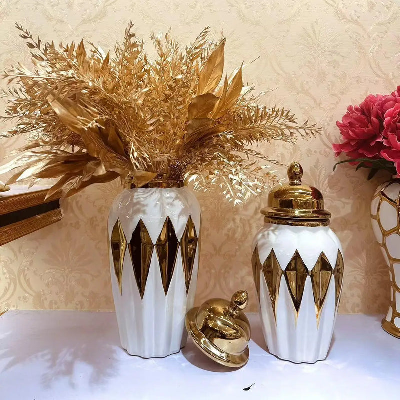 Afralia™ Gold Diamond Check Ceramic Vase - Vintage Handicraft Decoration