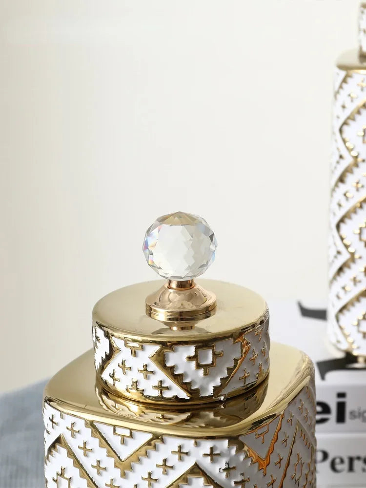 Afralia™ Geometric Golden Relief Decorative Jar - Ceramic Crystal Vase Storage Jar