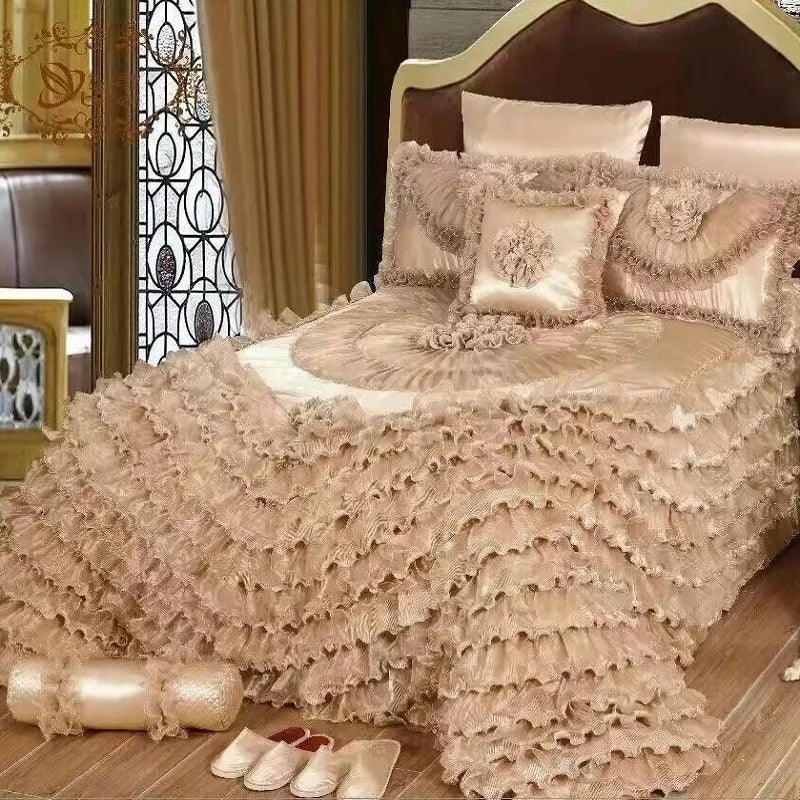 Afralia™ Luxe Champagne Jacquard Lace Bedspread Set with Pillowcases