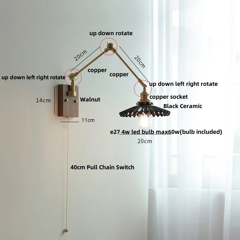 Afralia™ Rotatable 2 Swing Arms LED Wall Lamps, Walnut Wood Nordic Modern Ceramic Stair Light