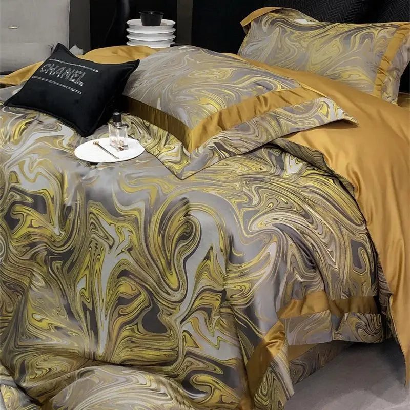 Afralia™ Brocade Satin Jacquard Luxury Cotton Bedding Set - Duvet Cover, Sheet, Pillowcases