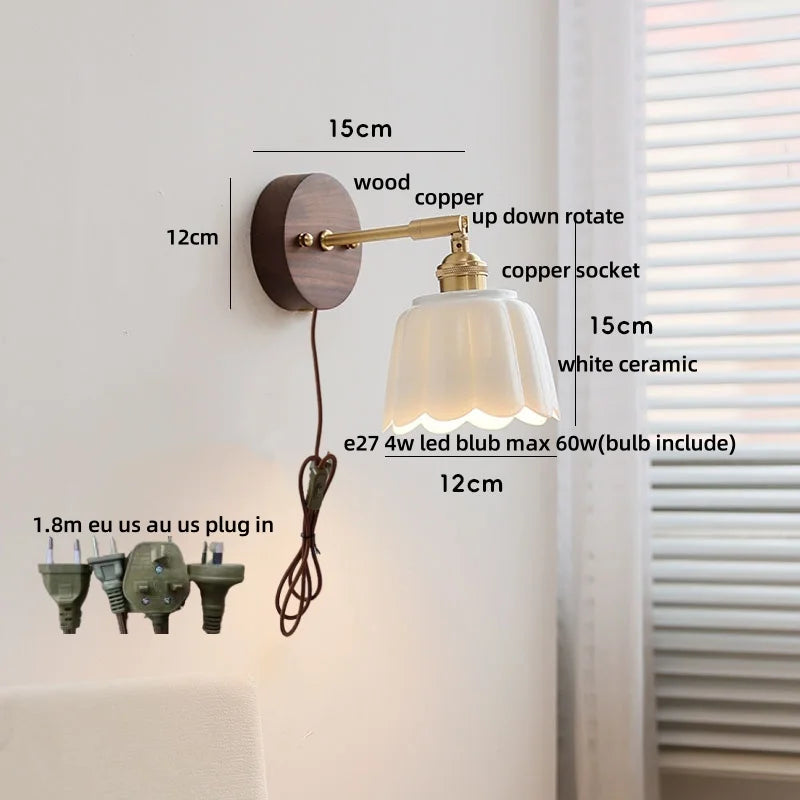 Afralia™ White Flower Ceramic LED Wall Sconce with Wood Base and Copper Rotate