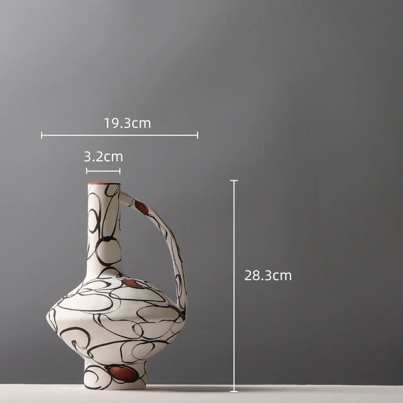 Afralia™ Geometric Graffiti Ceramic Vase with Handles for Home Decor and Floral Arrangements.