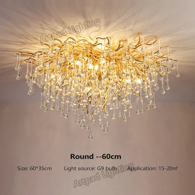 Afralia™ Crystal Teardrop Gold Ceiling Chandelier for Elegant Living Room Bedroom Dining Kitchen