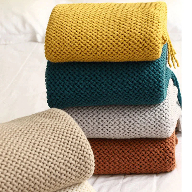 Afralia™ Cozy Nordic Knit Sofa Blanket with Tassels & Fleece Throw