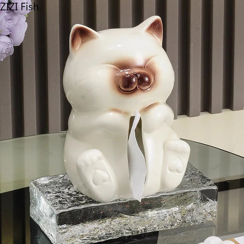 Afralia™ Siamese Kitten Tissue Box: Cute Ceramic Cat Decor for Coffee Table & Desk