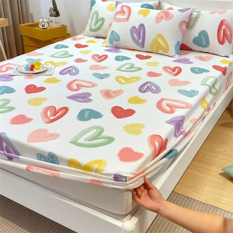 Afralia™ Fashion Flowers Print Cotton Fitted Sheet Single Piece Queen Size, Soft Pink Bed Linen