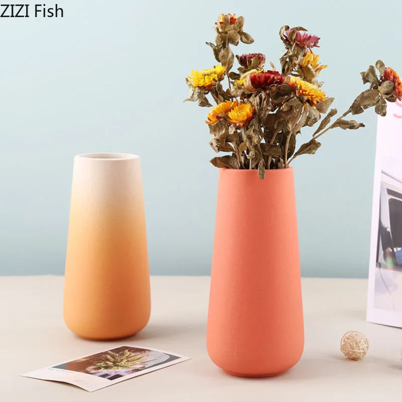 Afralia™ Gradient Ceramic Vase Cylinder Desk Decoration Floral Vases Modern Room Decor