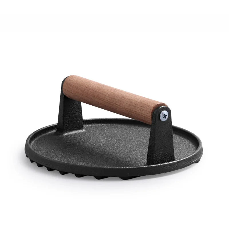 Afralia™ Cast Iron Steak Press Plate with Wooden Handle - Kitchen Barbecue Tool