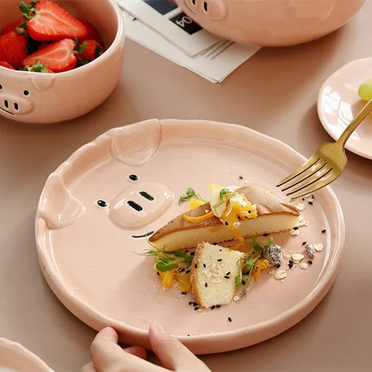 Afralia™ Pink Pig Ceramic Breakfast Plate Set | European Cute Nordic Kitchen Dishes