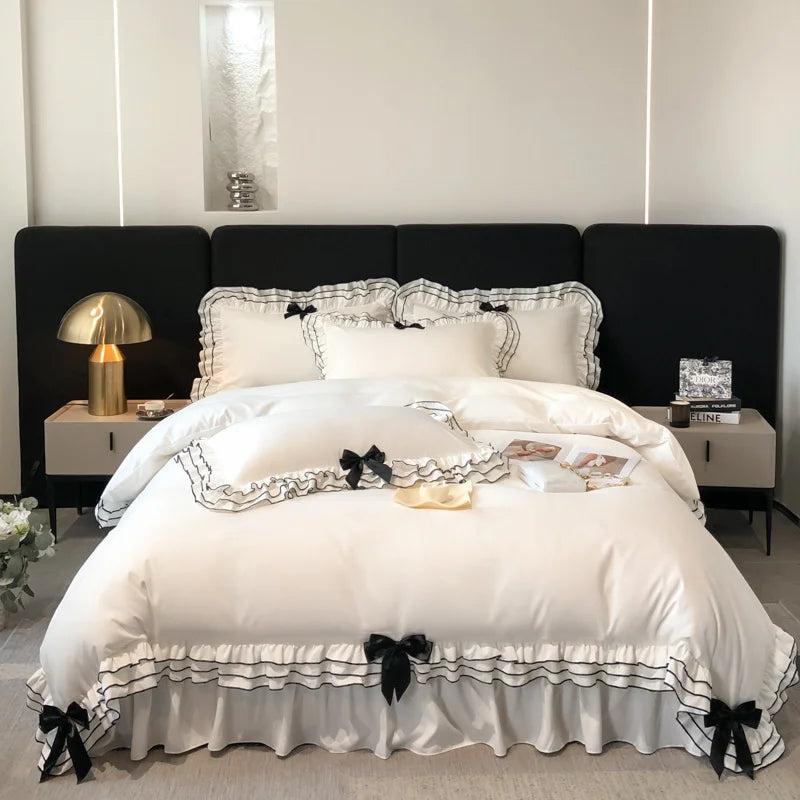 Afralia™ Korean Lace Ruffles Bedding Set with Black Bow Accent