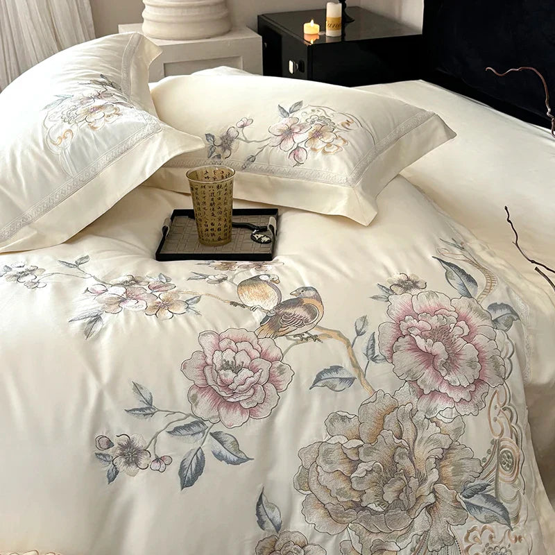 Afralia™ 5-Piece Chinese Flowers Bird Embroidery Bedding Set, 1000TC Egyptian Cotton, Queen King