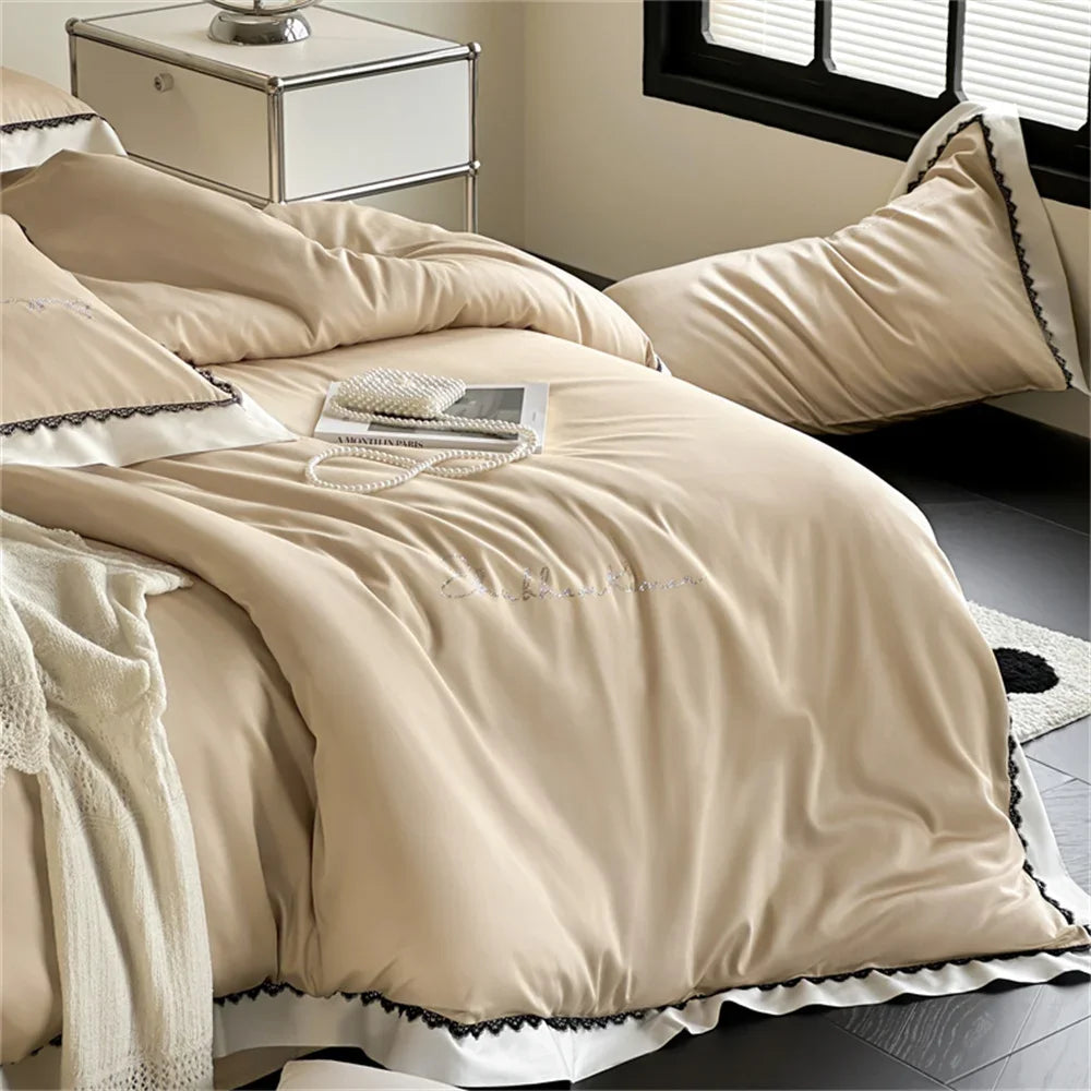 Afralia™ Hot Diamond Lace Egyptian Cotton Bedding Set: Sheet, Pillowcase, Duvet Cover, Full-Queen-King Size