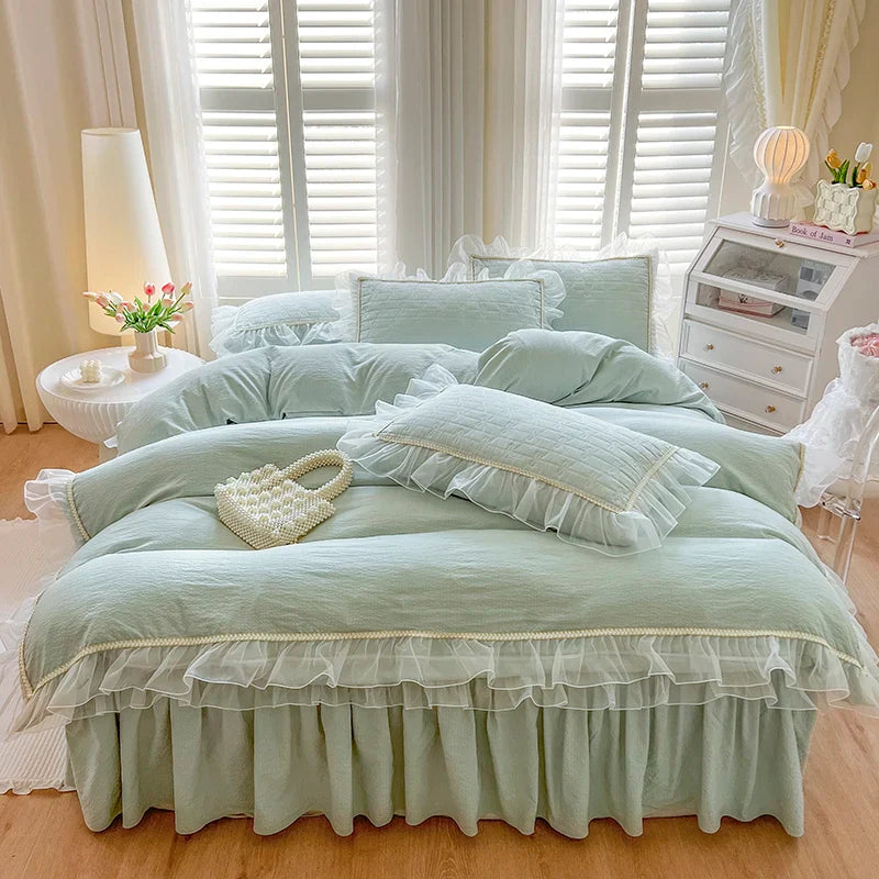 Afralia™ Seersucker Princess Bedding Set with Lace Ruffles - 4Pcs