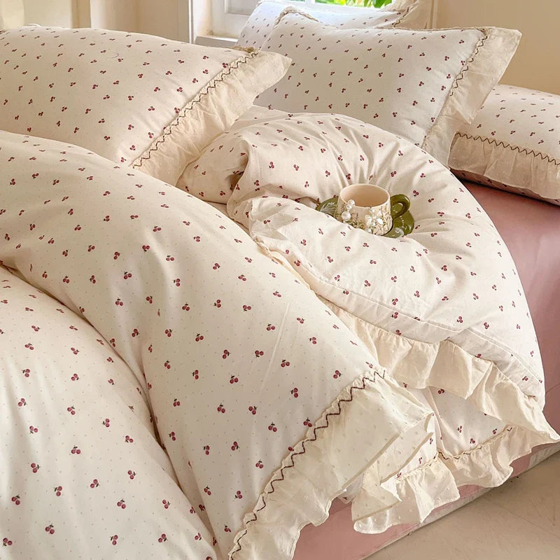 Afralia™ Floral Lace Ruffle Cotton Bedding Set with Quilt Cover, Duvet Cover, and Pillowcases