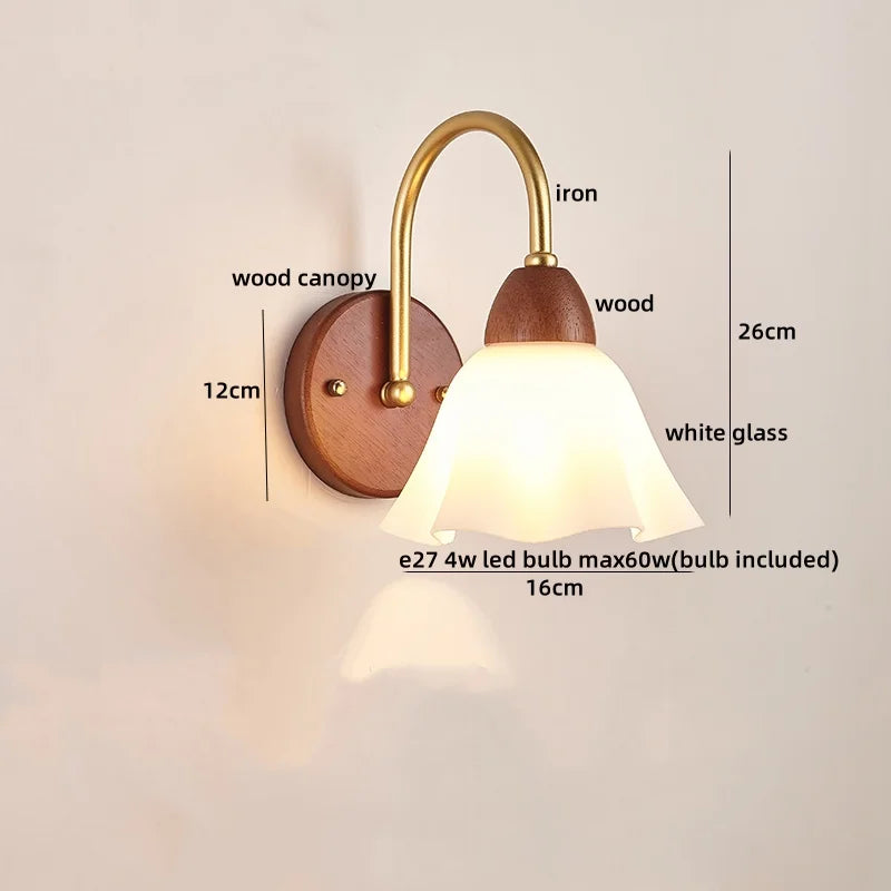 Afralia™ Wood Glass LED Wall Light Modern Bedside Lamp for Living Room & Bedroom