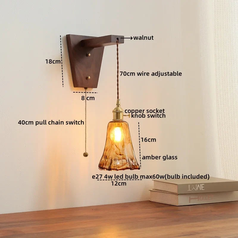 Afralia™ Walnut Copper LED Wall Lamp Sconce with Pull Chain Switch, Nordic Stair Light Fixtures