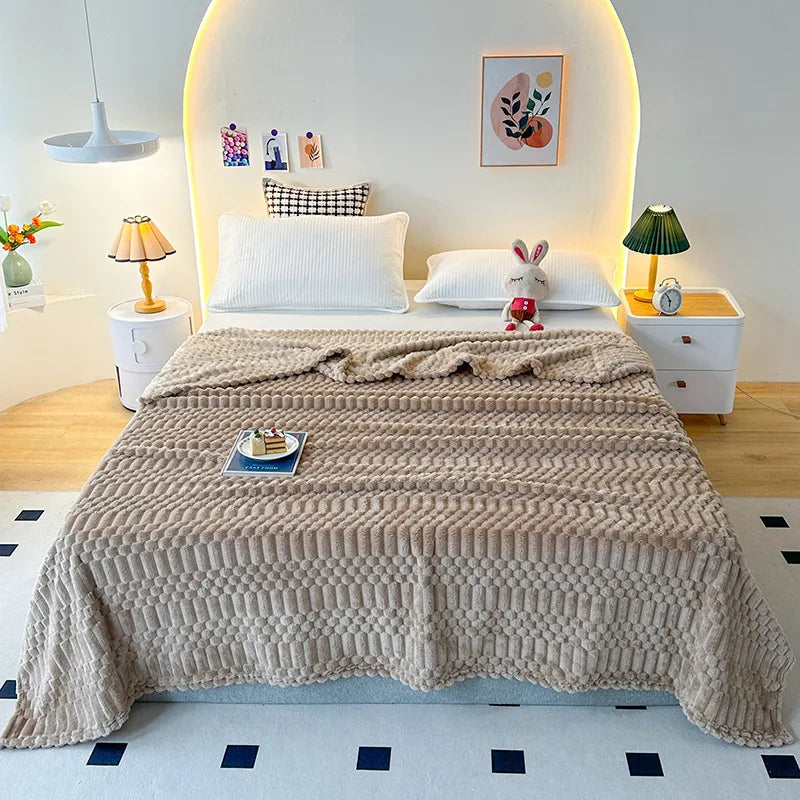 Afralia™ Striped Coral Fleece Blanket | Soft & Cozy Bed Cover for Home, Office, and Travel