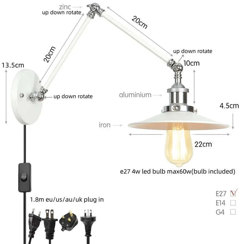 Afralia™ Industrial Lens Vintage Loft LED Wall Lamp with Swing Arms & Pull Chain Switch