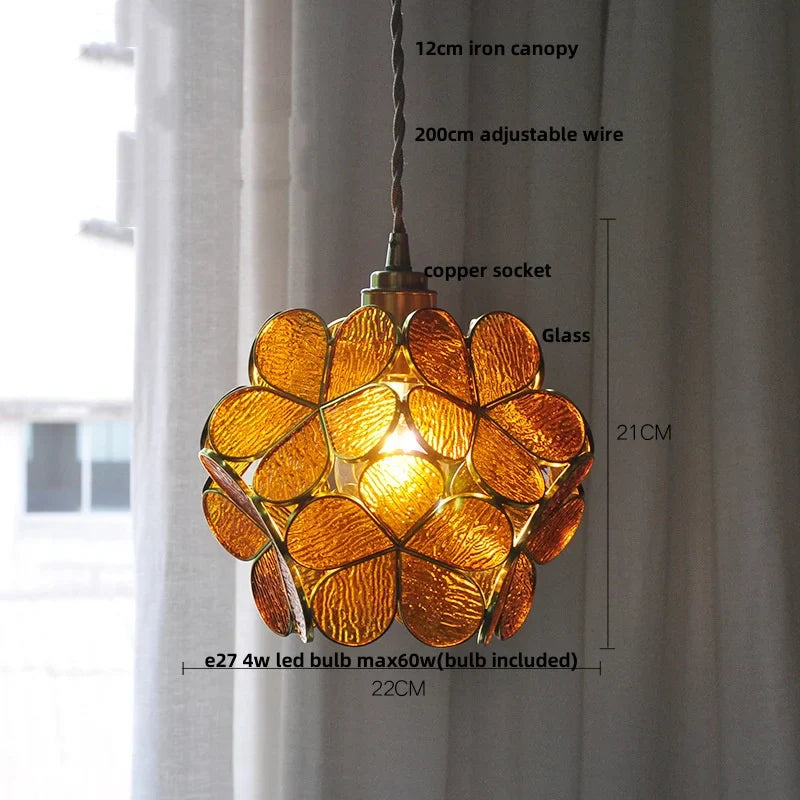 Afralia™ Flower Glass Pendant Lamp E27 Copper Hanging Light - Adjustable 200cm Wire