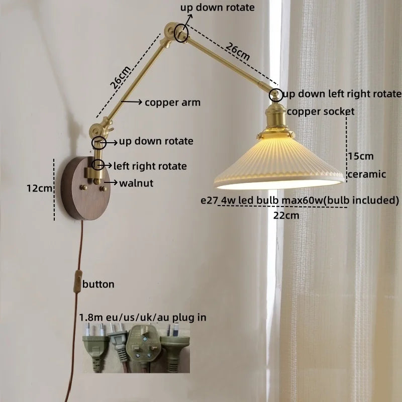 Afralia™ Ceramic Copper LED Wall Light | Modern Bedside Lamp with Pull Chain Switch