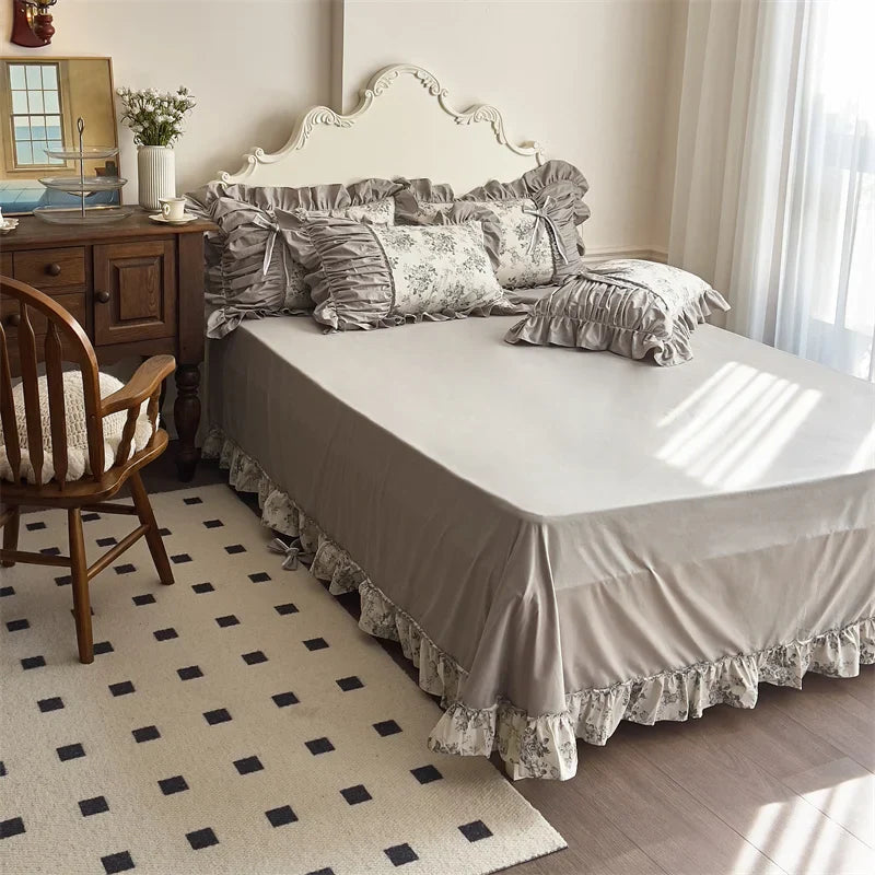 Afralia™ French Vintage Flowers Cotton Bedding Set with Lace Ruffles & Pleats