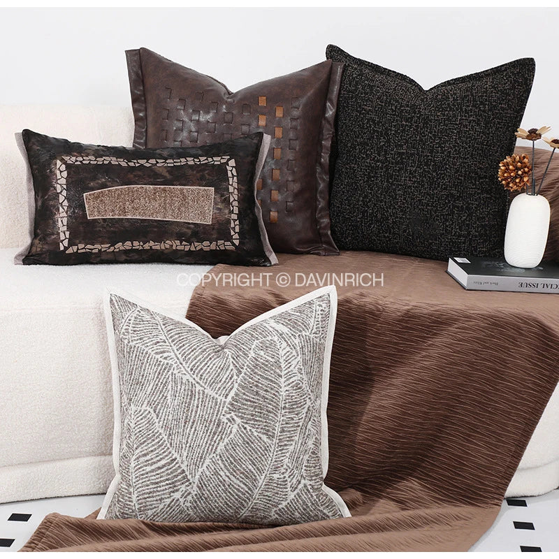 Afralia™ Brighton Cross Stitch Faux Leather Cushion Cover 45x45cm Brown