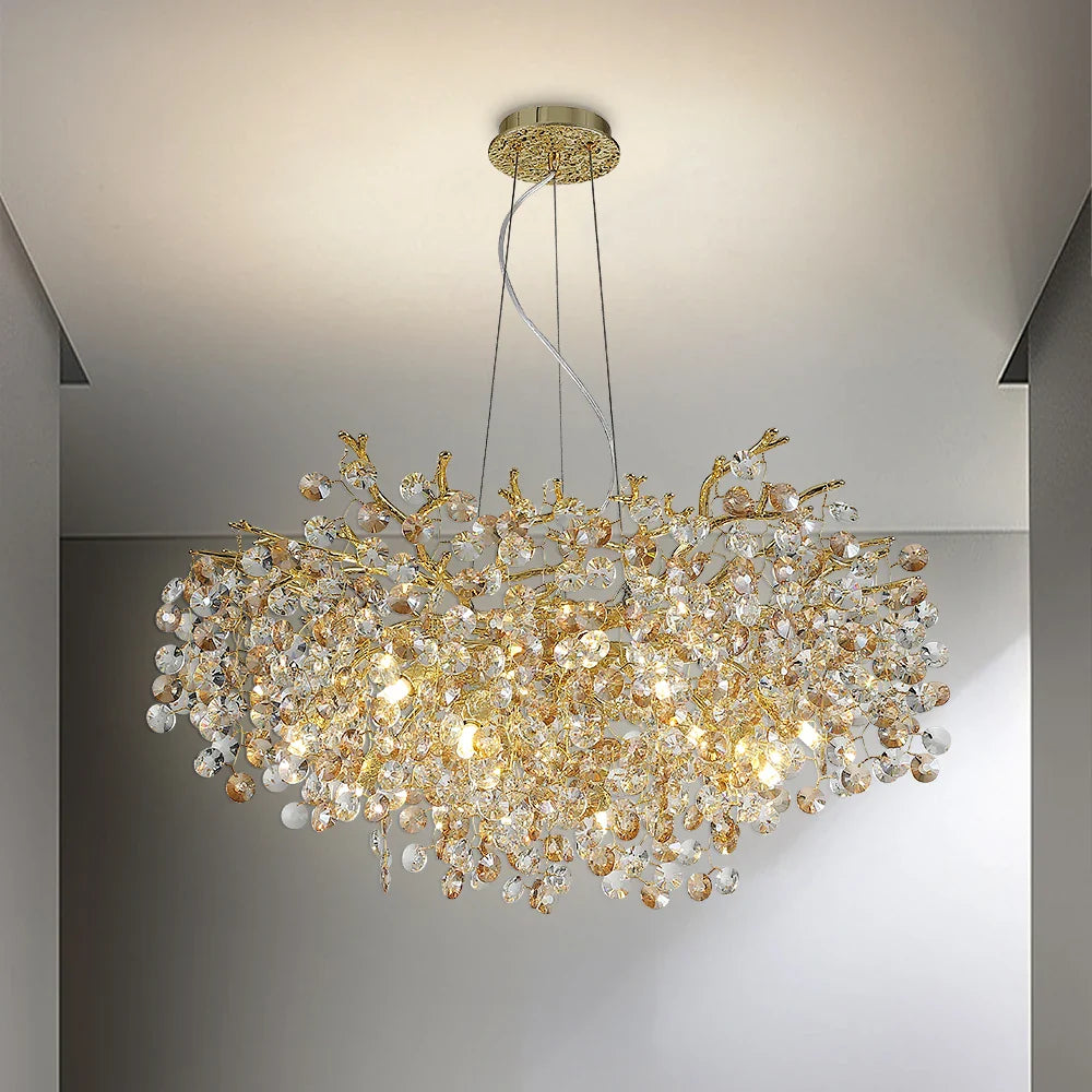 Afralia™ Sun Crystal Gold Lustre Chandelier: Nordic Villa Restaurant LED Ceiling Lamps