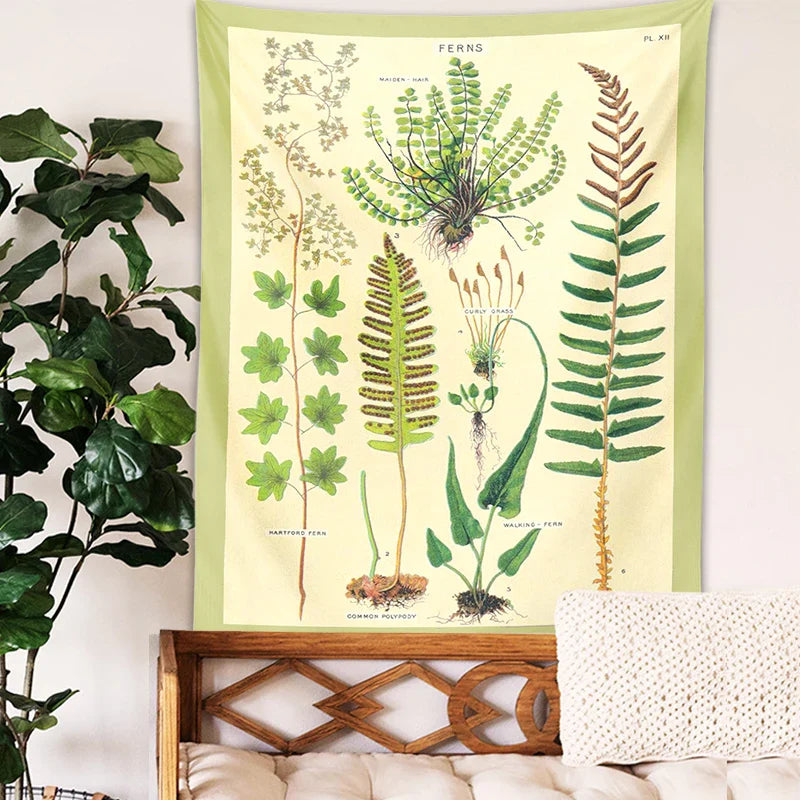 Afralia™ Ferns Tapestry: Botanical Floral Illustration Chart Wall Art - Boho Decor