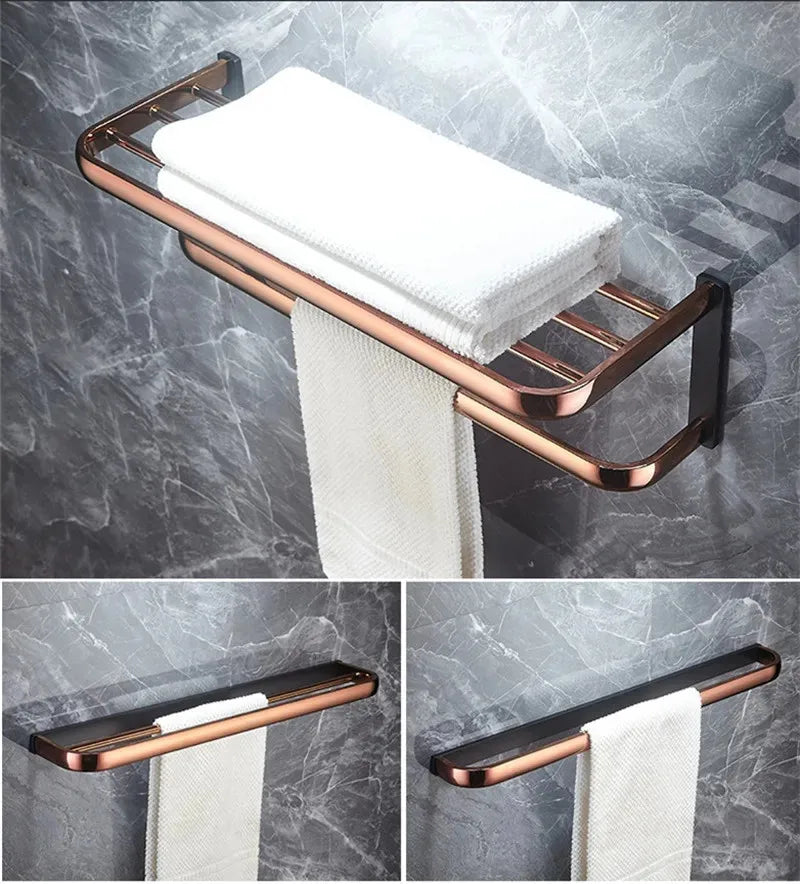 Afralia™ Rose Gold Black Bathroom Hardware Set: Towel Rack, Shelf, Paper Holder, Towel Holder, Toilet Brush Holder