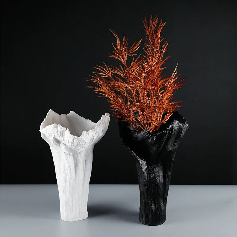 Afralia™ Irregular Resin Vase Black White Flowers Handicraft Ornaments Home Decor