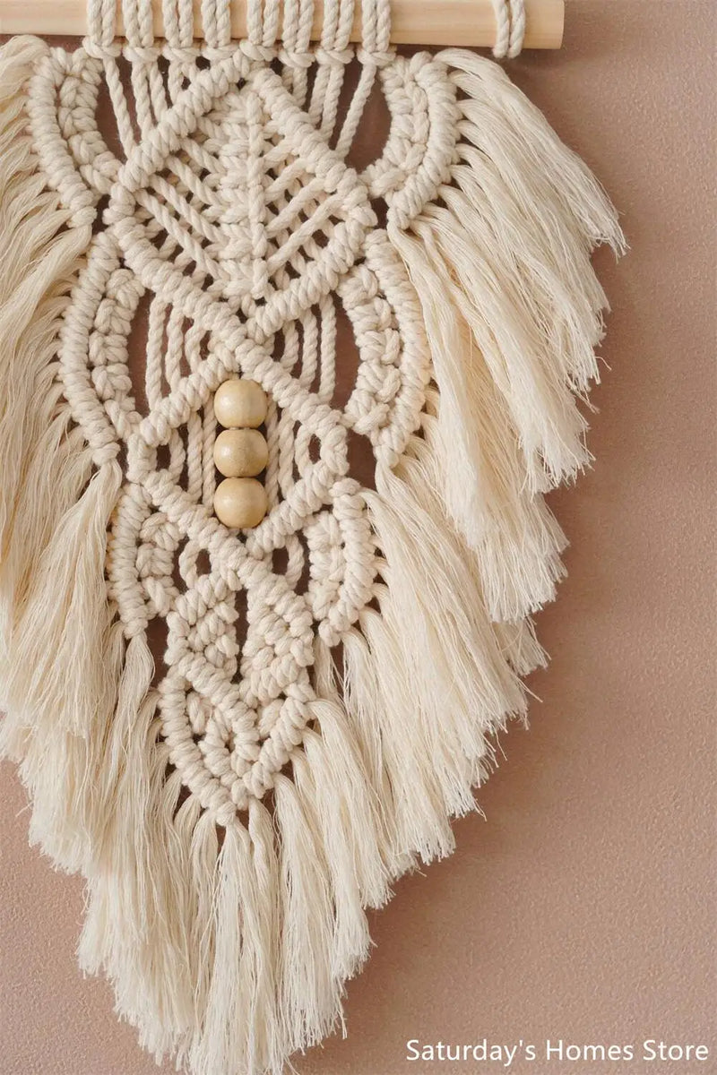 Afralia™ Handmade Macrame Leaf Hanging Tapestry Wall Decoration Mini Tapestry with Wood Stick