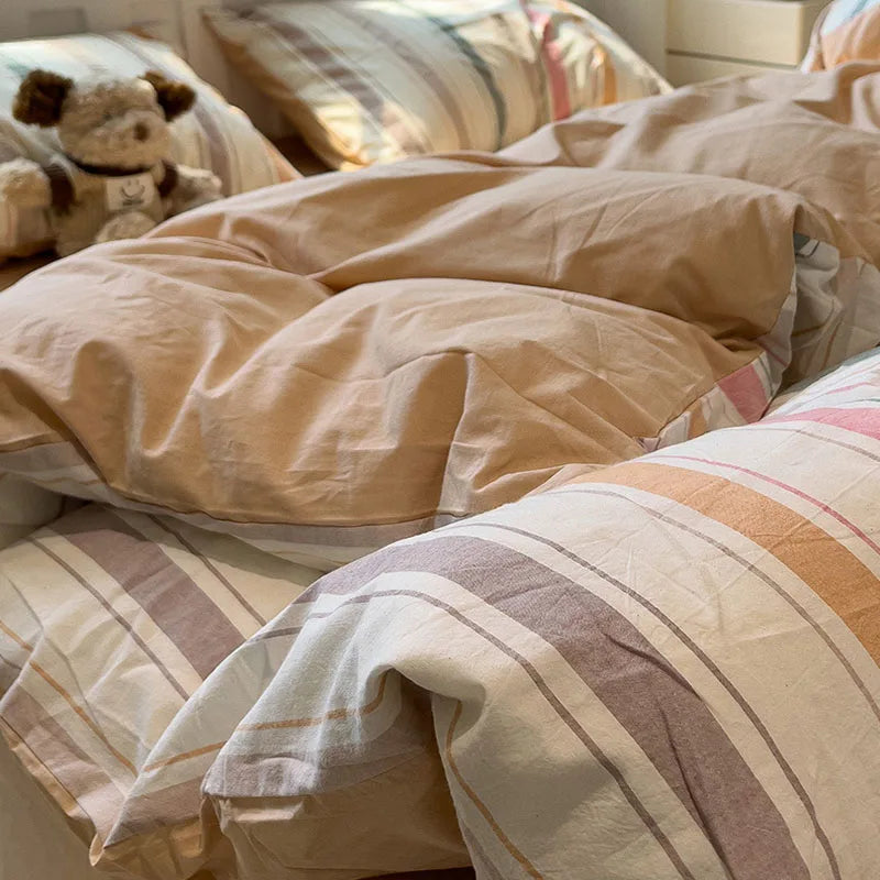 Afralia™ Minimalist Striped Grid Comforter Set in Washed Cotton, Soft Bedding Twin-Queen Size