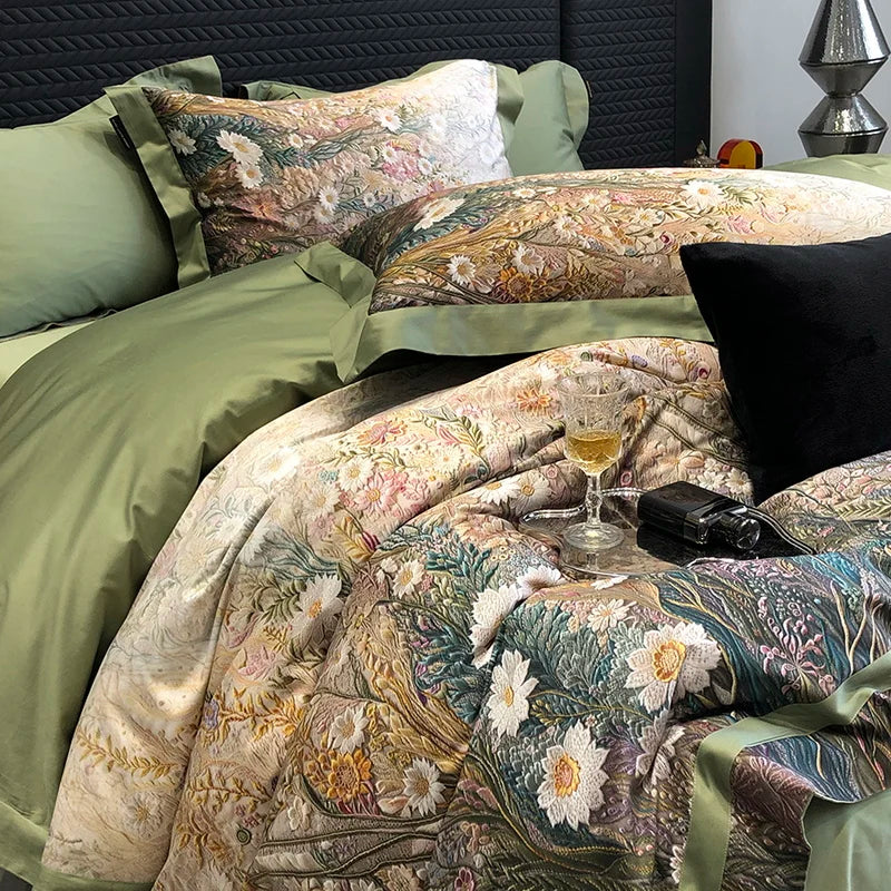 Afralia™ Luxury Flowers 1000TC Egyptian Cotton Bedding Set: 1 Duvet Cover, 1 Sheet, 2 Pillowcases