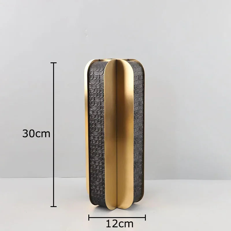 Afralia™ Golden Geometry Vase Artificial Flower Desk Decor - Leather Floral Room Aesthetic