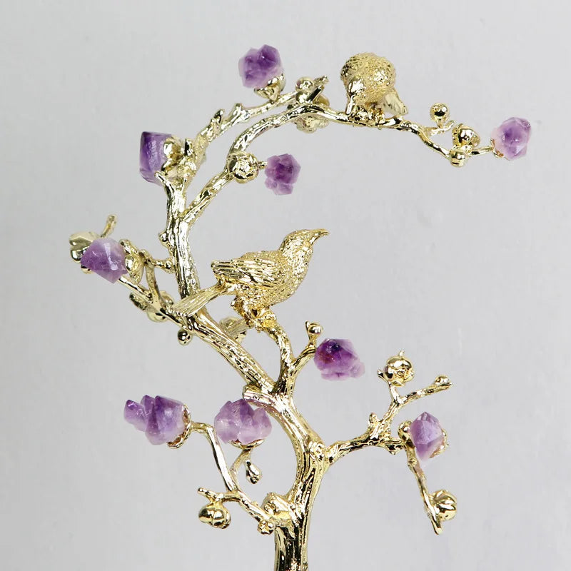 Afralia™ Golden Tree Crystal Flower Brass Amethyst Decor with Golden Bird Figurines