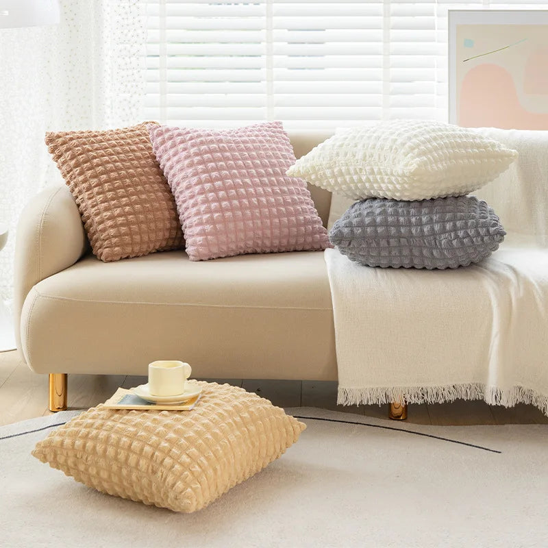 Afralia™ Cream Style Elastic Puff Plaid Cushion Cover 45*45CM Home Decor