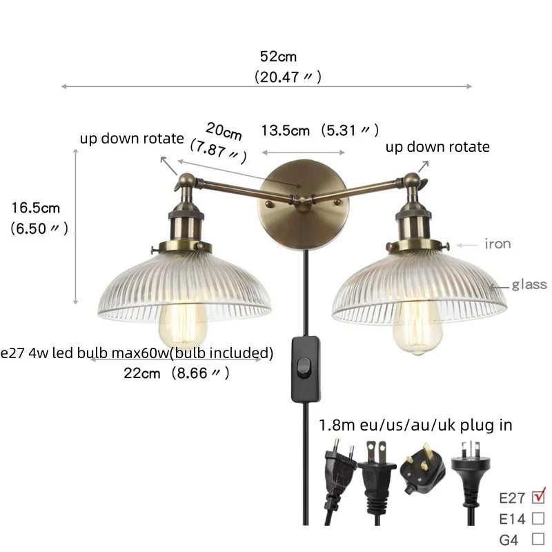 Afralia™ Vintage 2-Head Clear Glass Wall Lamp