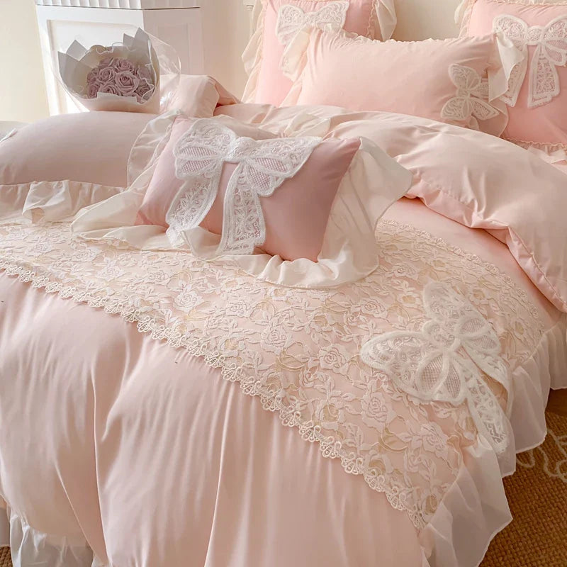 Afralia™ Romantic Lace Ruffles Bedding Set with Bow Decoration - Pink Girls Duvet Cover Set