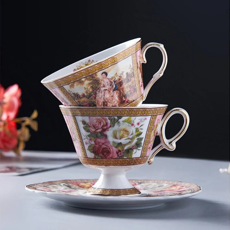 Afralia™ High Foot Rose Bone China Coffee Cup & Saucer Set