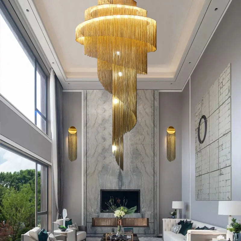 Afralia™ Gold/Silver Aluminum Chain Chandelier - Luxurious Living Room Hall Hotel Decoration