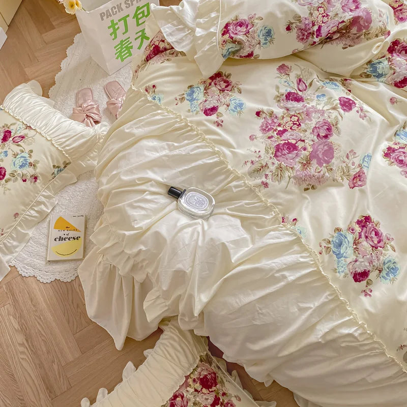Afralia™ Rose Print Cotton Bedding Set with Pleated Ruffles and French-Inspired Design