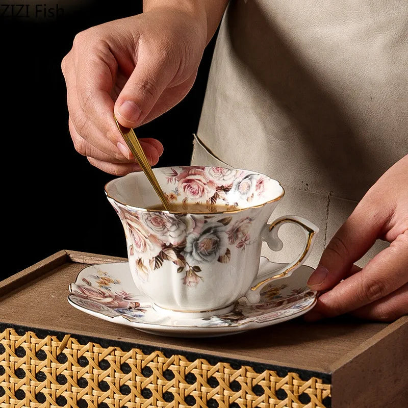 Afralia™ Lace Edge Ceramic Tea Cup & Saucer Set for Dining & Coffee Table