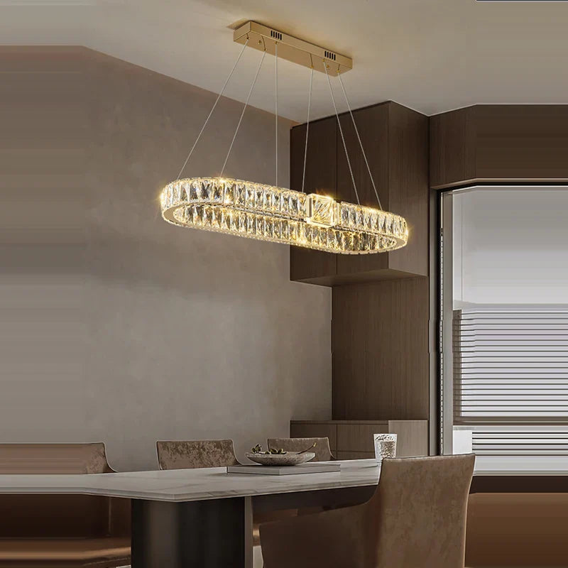 Afralia™ Crystal Block Gold Ring Pendant Light - Luxury Dimmable Ceiling Decor