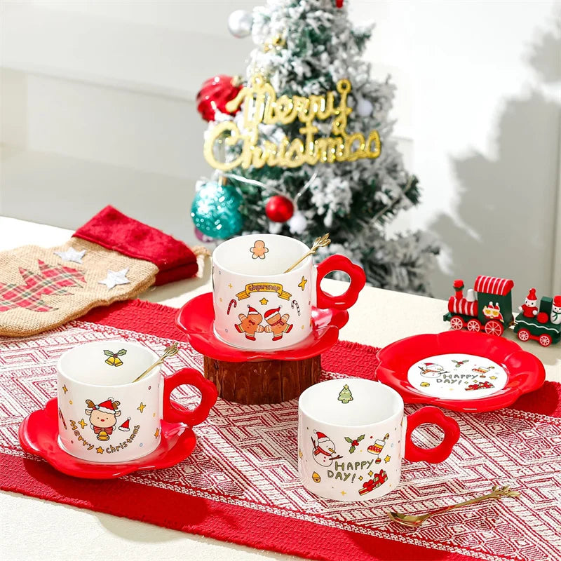 Afralia™ Christmas Ceramic Santa Tea Set with Spoon, Festive Coffee Cup & Saucer