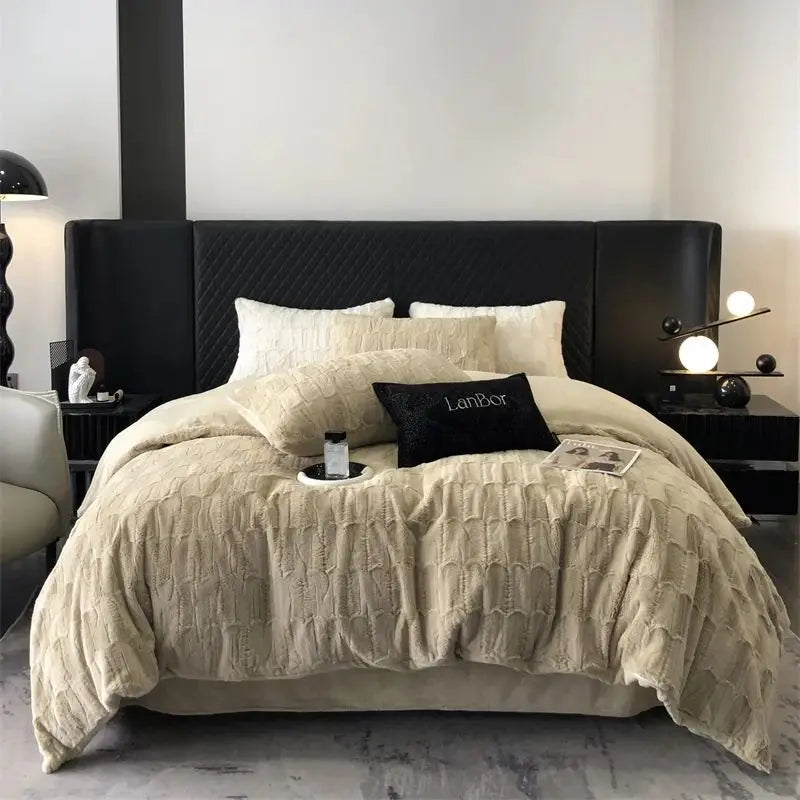 Afralia™ Cozy Faux Rabbit Fur Bedding Set in Black & Grey: Duvet, Sheets, Pillowcases